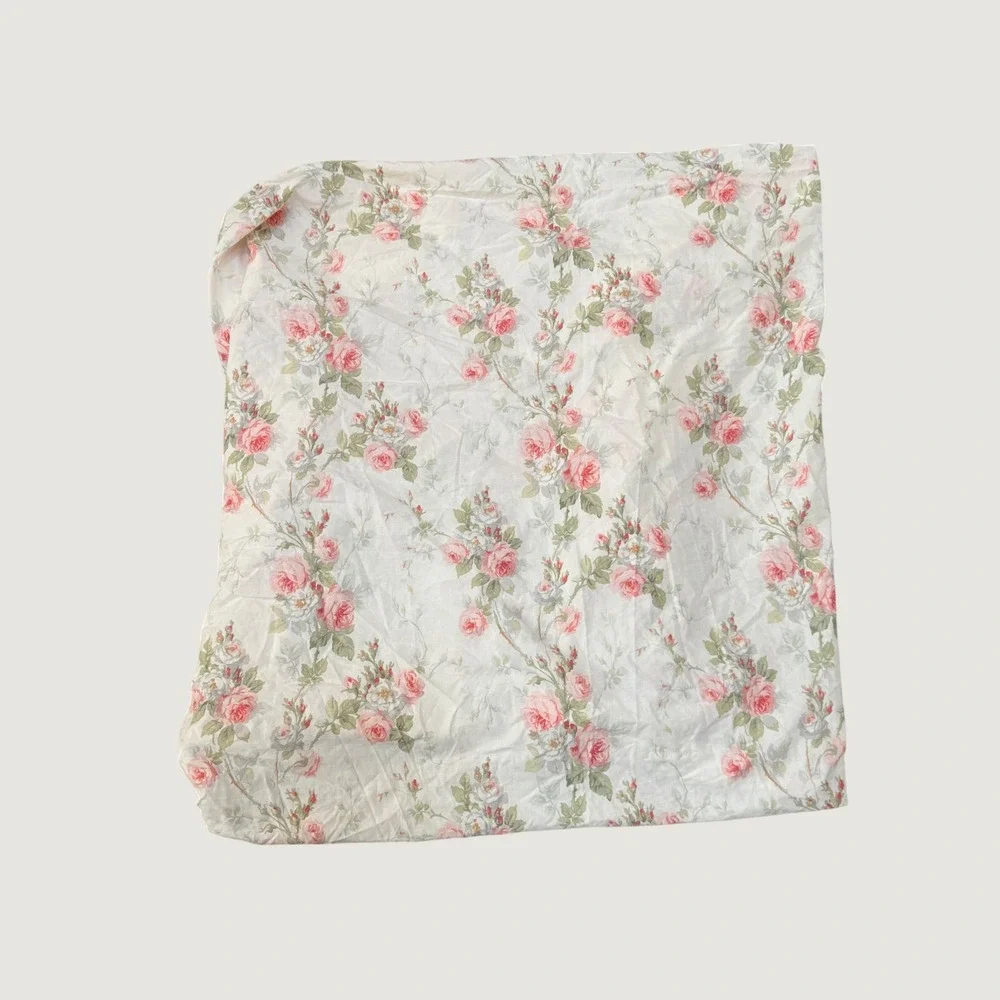 Ralph Lauren Faye Floral Twin Fitted Sheet Pink Roses Cream Cotton Made in USA